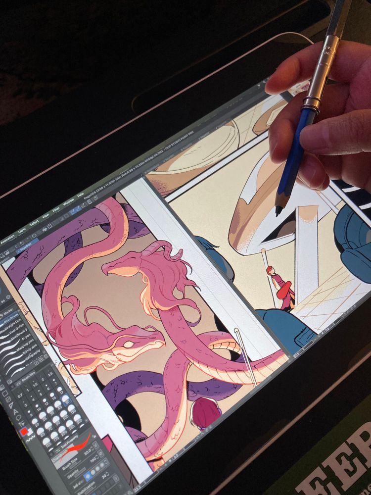 A work in progress picture of some dragons in a comic.