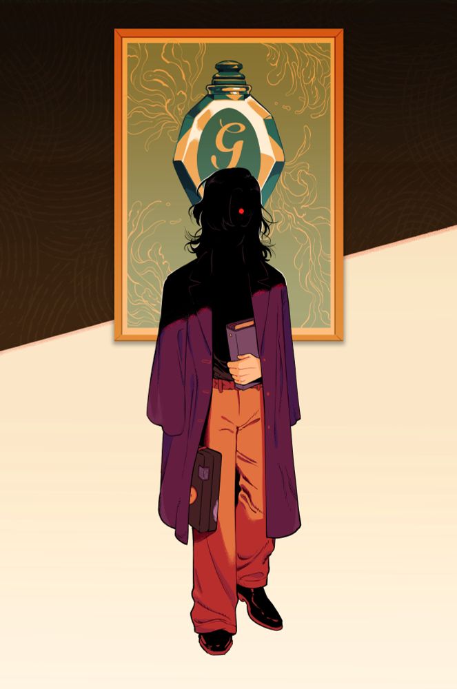 a drawing of a guy holding a suitcase and a book in front of a picture of a bottle of perfume. i unno. something.