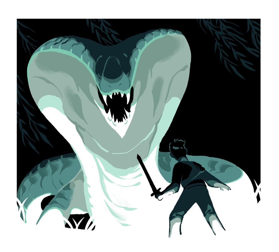 a drawing of a cobra like monster confronting a person with a sword.