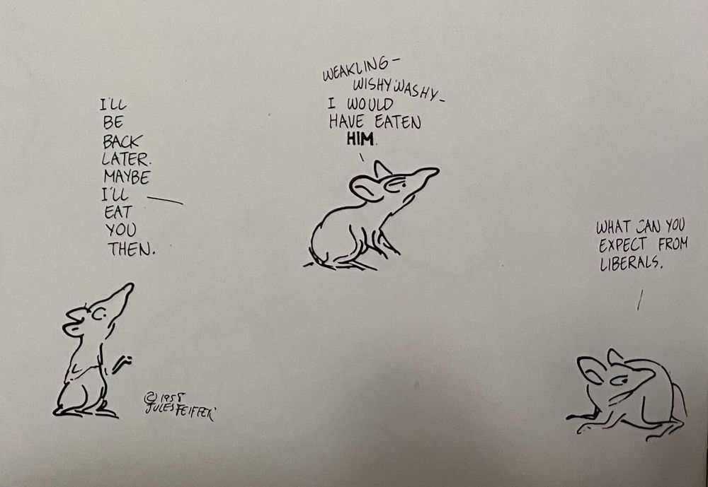Part 4 of 4.
Cat: "I'll be back later. Maybe I'll eat you then."
Mouse: "Weakling – wishywashy – I would have eaten him."
[The cat has left the panel.]
Mouse: "What can you expect from liberals."