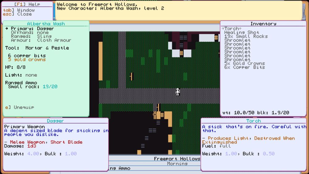 Dungeons of Freeport, a character screen open, showing "Albertha Wash", a level 2 dungeoneer.