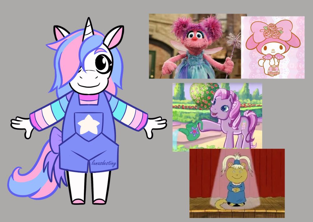 Uni's character is inspired by many 90s/early 2000s kids show characters like Abby from Sesame Street, Nadine from Arthur, My Melody from Sanrio, and G3 My Little Pony characters.
Uni's outfit was inspired by Backyardigans but none of the characters are listed here.