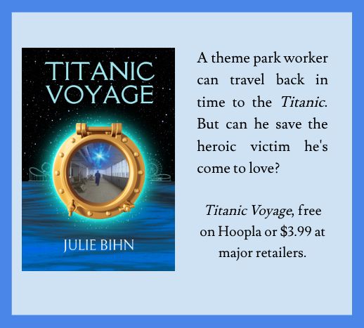 A theme park worker can travel back in time to the Titanic. But can he save the heroic victim he's come to love?

Titanic Voyage, free on Hoopla or $3.99 at major retailers.

(Cover of Titanic Voyage: A glowing porthole on a dark sky with the ocean and a faint silhouette of a roller coaster in the background)
