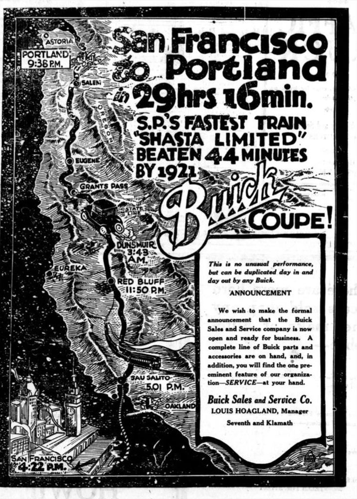1921 Buick ad saying that a trip from San Fransisco to Eugene that's 29h 16min