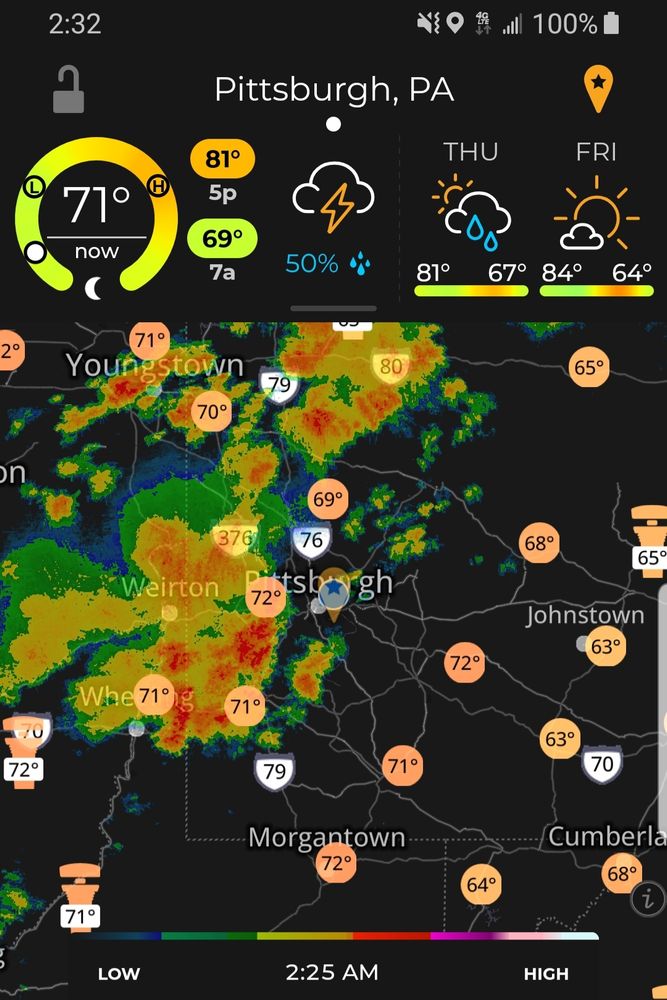 Current radar image of a rainstorm approaching Pittsburgh.