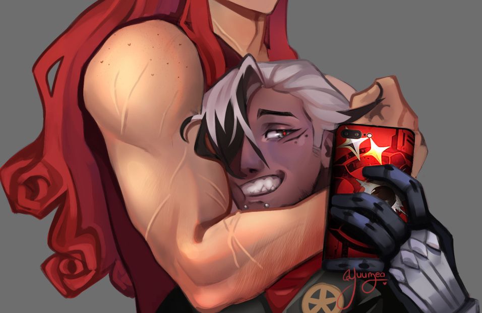 Art of Boothill's face from HSR being squished in between Argenti's flexing arm, against his torso, while Boothill takes a selfie 
