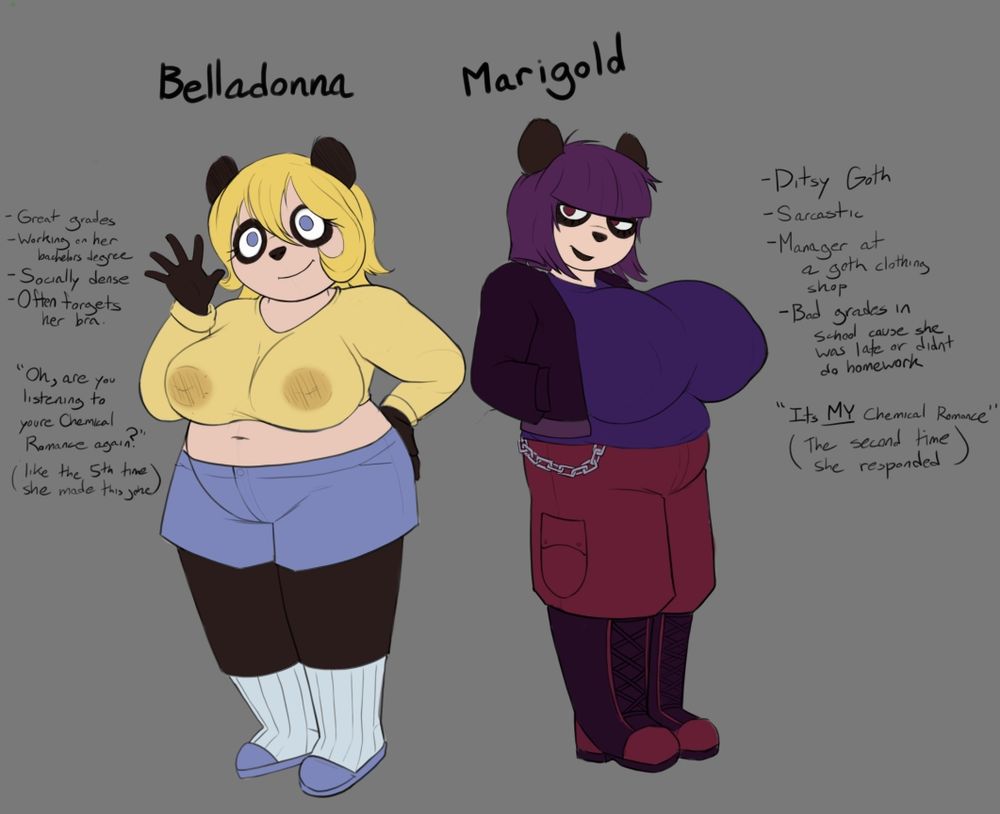 Belladonna and Marigold, two twin panda gals.  Belladonna is perky, socially dense, and booksmart.  Marigold is a ditsy, sarcastic goth with bad grades.
These two are very roantically involved, two both of their constant shock and amazement.