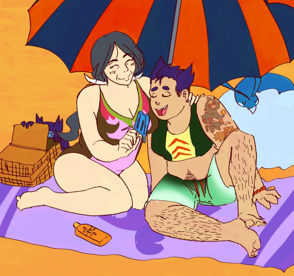 the gym leader drasna is at the beach with original character salem. together they sit on a beach towel while she holds a blue popsicle out for them to eat while caressing the back of their neck. their sableye is rooting around in a picnic basket to the side while her altaria sleeps to the other side. drasna's one piece swimsuit is colored like a dragalge, salem's top and trunks like a dragapult.
