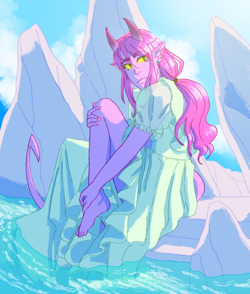 an illustration of holli, a pink tiefling girl. she's perched on the edge of some rocks, her long pale green dress (inspired by the selkie in bloom design) trailing in the water as she looks over her shoulder and smiles. i wuv her