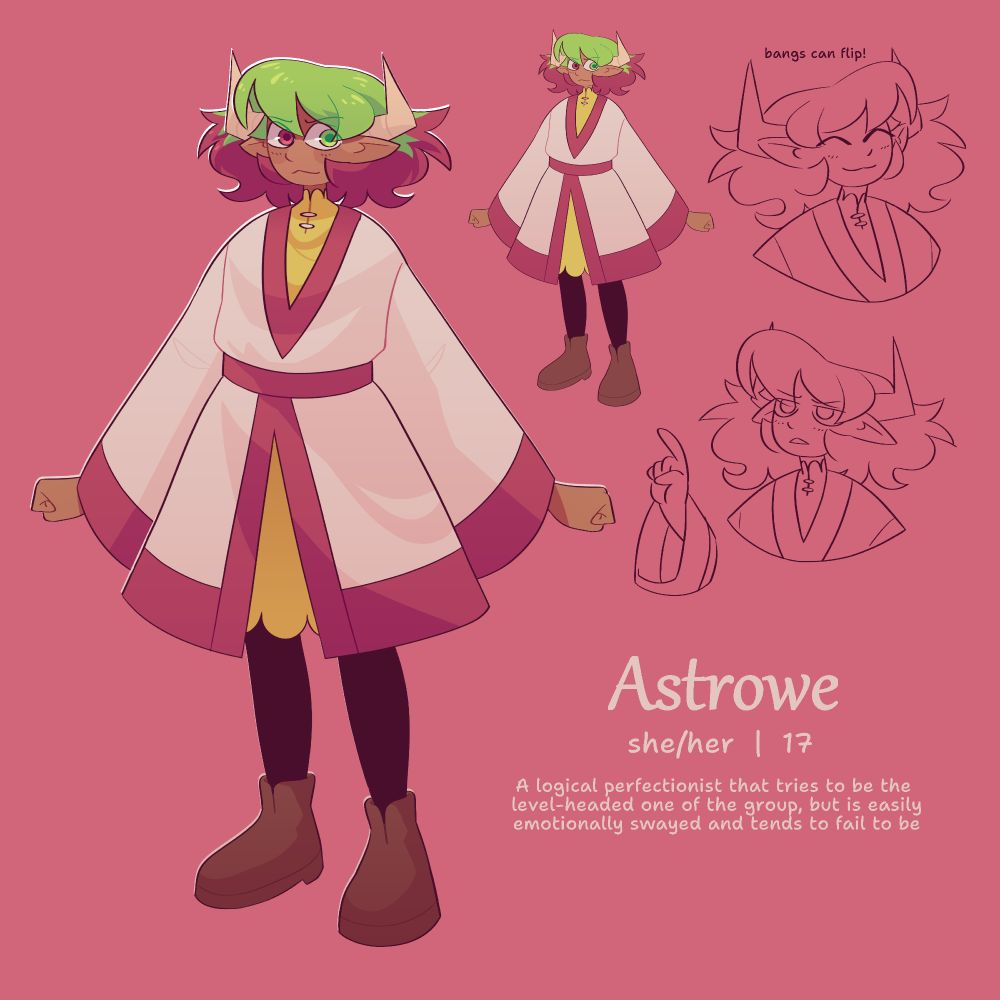 A drawing of my original character, Astrowe, alongside simpler doodles to the side

The text reads:

Astrowe
she / her  |  17

A logical perfectionist that tries to be the level-headed one of the group, but is easily emotionally swayed and tends to fail to be