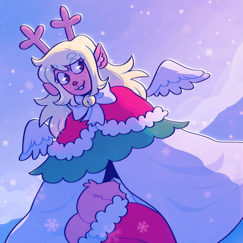 A drawing of Noelle Holiday from Deltarune. She is sitting down and wearing a festive Christmas outfit, amongst a snowy background.