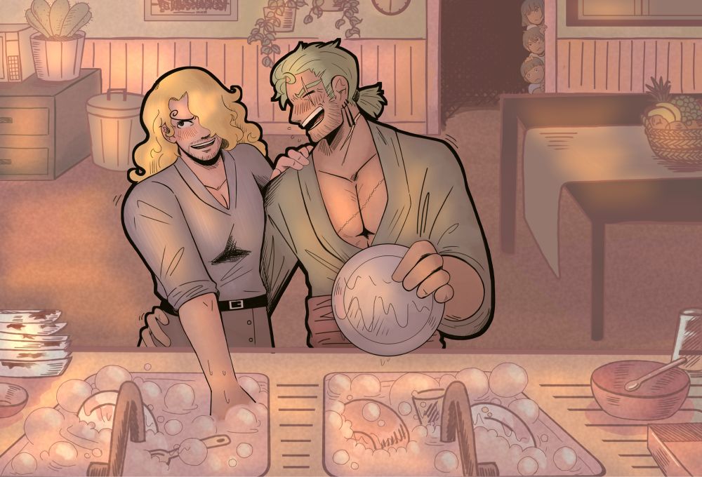 Sanji and Zoro flirting and washing dishes. In the back some kids are spying on them