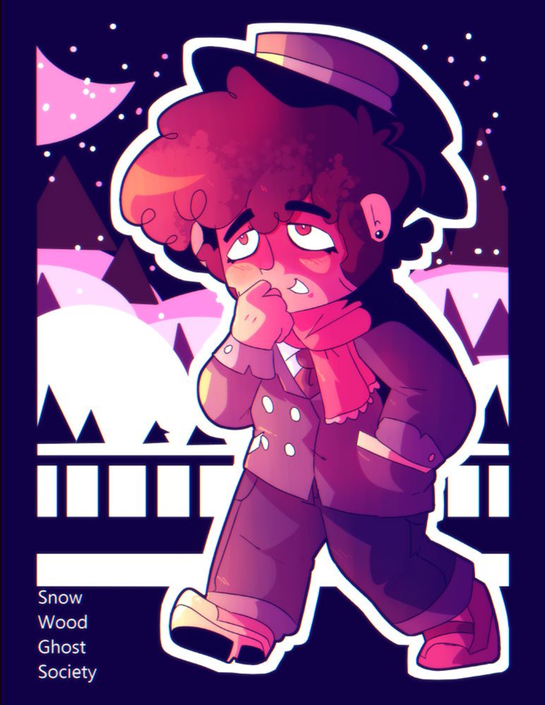 A picture of Tony Bridgets from Springbound, in a pink and yellow palette. He's walking on the balcony of the school while an abstract version of winters is in the background.