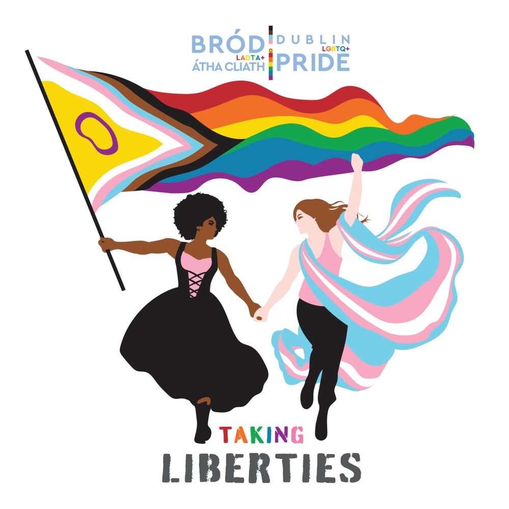logo of Dublin Pride 2025. 2 women holding hands and a large progress pride flag. one is black the other is draped in a trans coloured dress. 