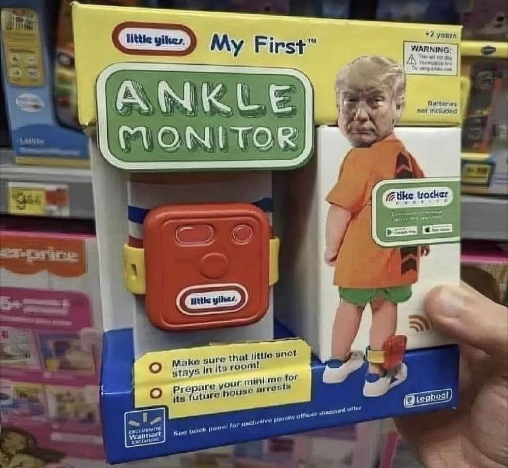 Little Yikes "My first ankle monitor" toy with picture of biggest loser Donald Trump