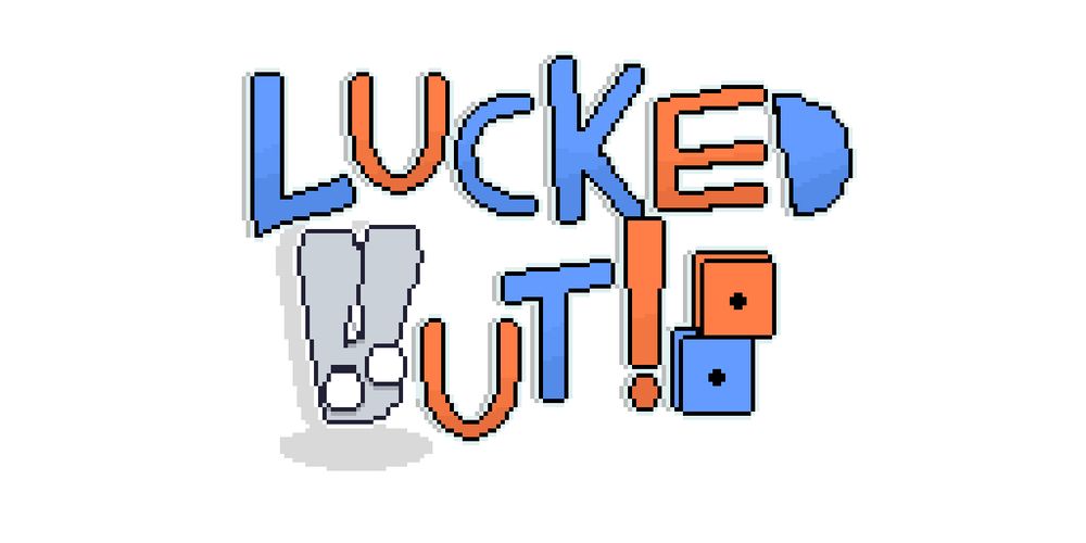 Pixel art text that says “Lucked Out!” With the O in out being replaced with a rabbit character’s head There are two dice to the right of the text and the text is alternating orange and blue in no particular order with the top dice being orange and the bottom dice being blue 