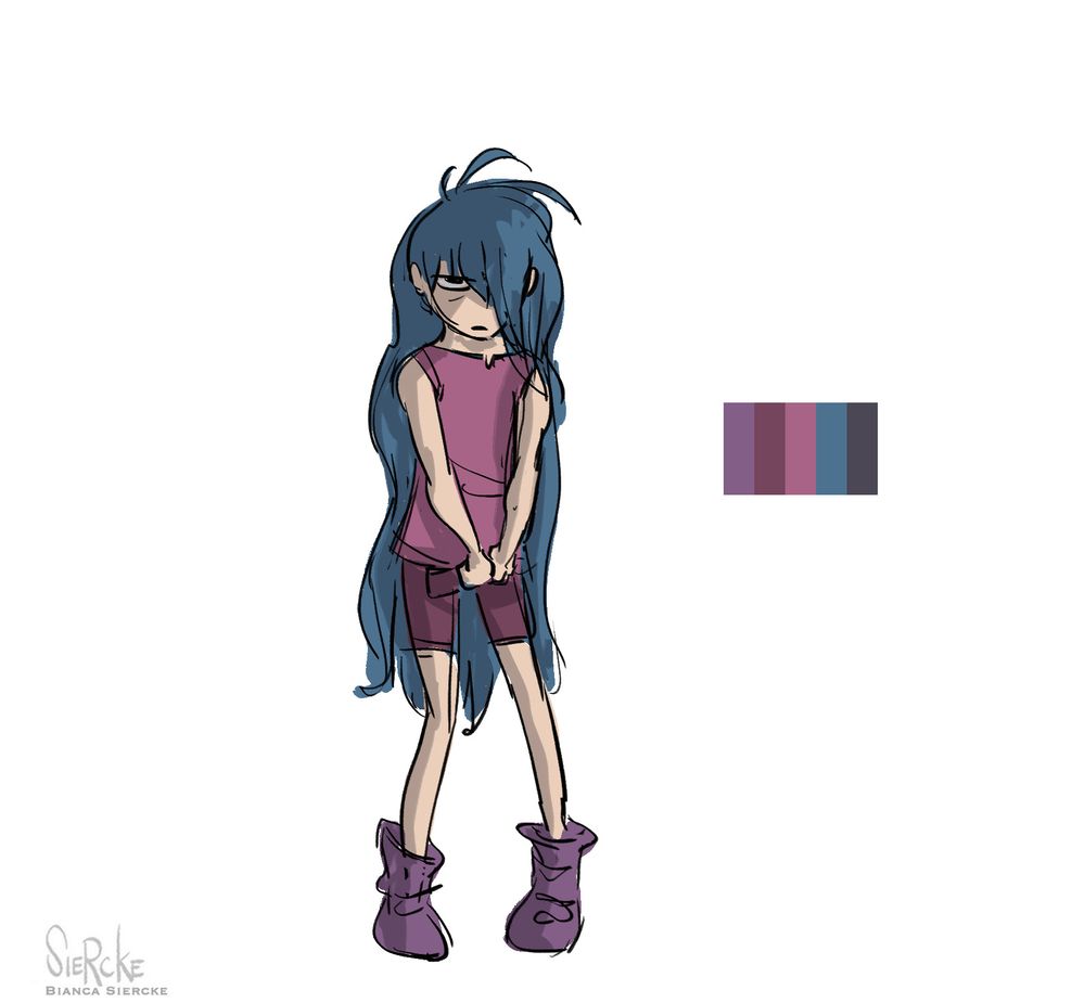 Drawing of Jinx from Arcane in between S01 Eps3 and 4. 

Jinx looks at the viewer with a defiant stare, her awkward hunched pose not yet showing the confident stance we know her for. Legs bowed inward she glances at you from behind bangs that hide half her face, half of what she's thinking. From how unruly her hair hangs below her hips, untied and unkempt, it looks like she's a feral child, more then a well kept orphan. Boots that are too big for her contribute to accentuate her awkwardness as they contrast her thin skinny legs poking out like sticks from the encased grave.