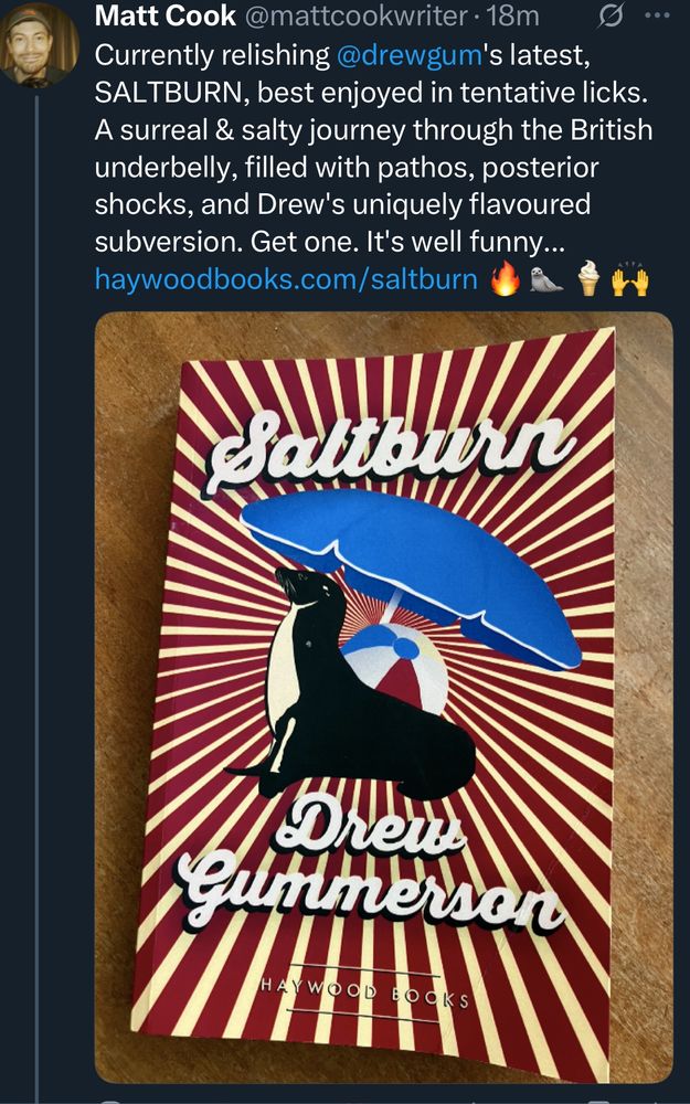 Currently relishing @drewgum's latest, SALTBURN, best enjoyed in tentative licks. A surreal & salty journey through the British underbelly, filled with pathos, posterior shocks, and Drew's uniquely flavoured subversion. Get one. It's well funny... haywoodbooks.com/saltburn 🔥🦭🍦🙌