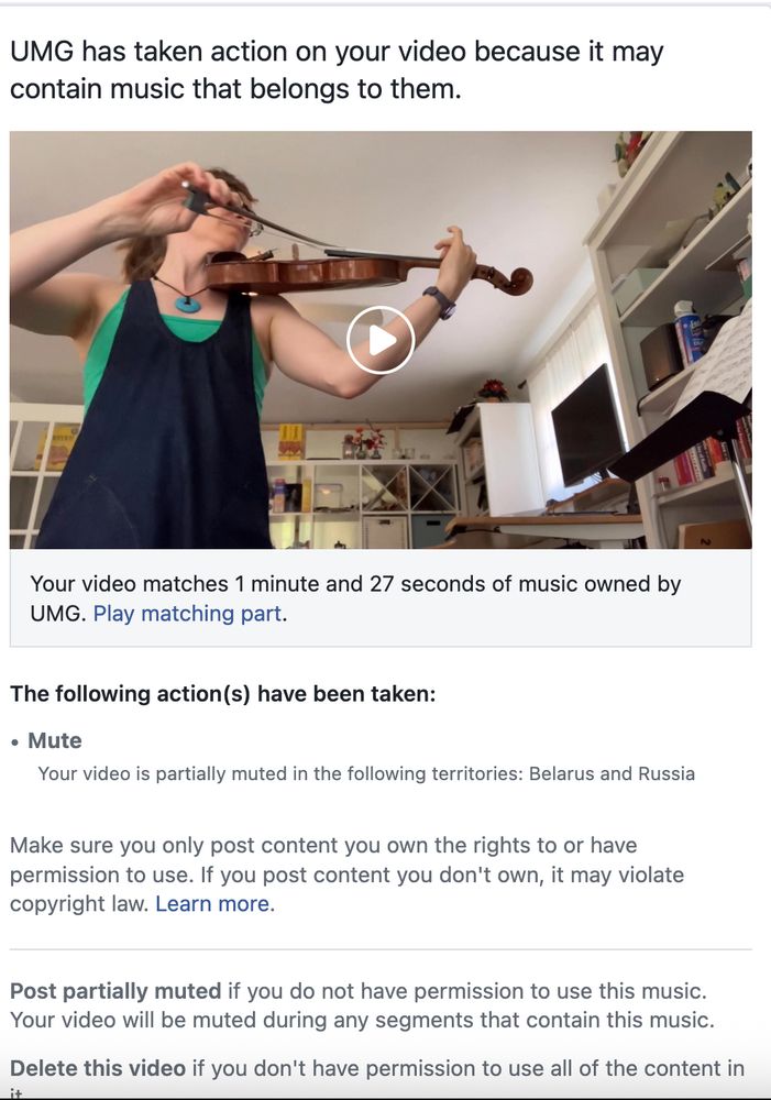 A screenshot of the message that says that “UMG had taken action on your video because it may contain music that belongs to them.”