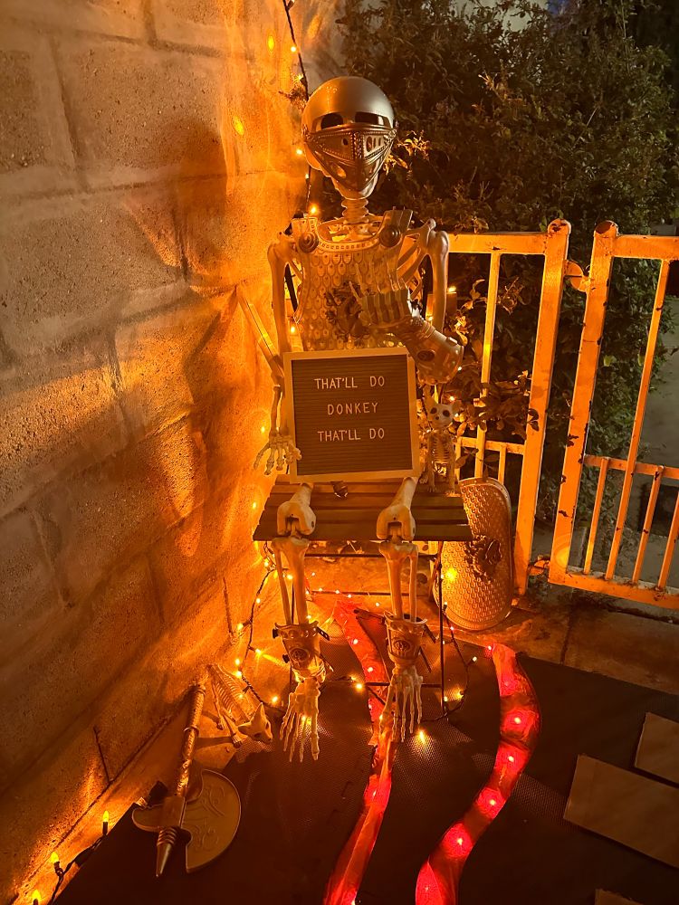 Skeleton wearing knight armor and holding a sign that says “that’ll do donkey, that’ll do”