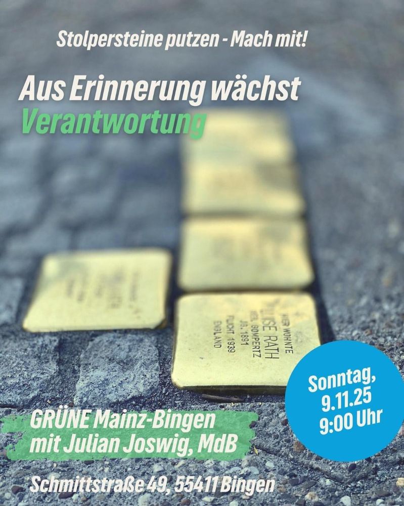Bild mit schimmernden Stolpersteinen und dem Hinweis auf eine Veranstaltung am 09.11.25 zum Stolpersteine putzen um 09:00 Uhr in Bingen. 