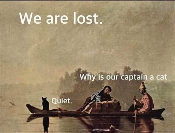 A cat sits at the front of a low boat with two humans.
The image is captioned, "We are lost."
one of the humans asks, "Why is our captain a cat?"
"Quiet," says the cat.
