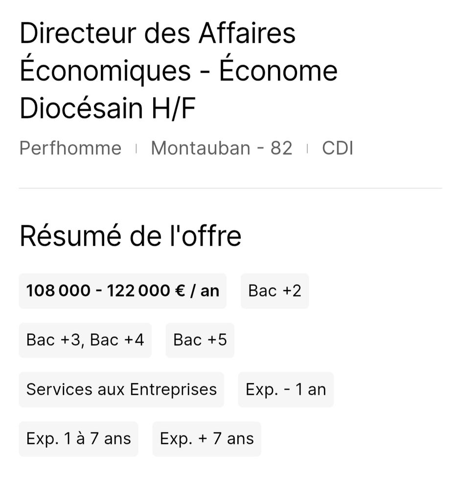 Poste à pourvoir : Directeur des affaires économiques / économe diocésain, salaire annuel : 108.000 à 122.000 €