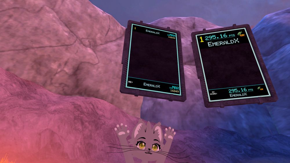 Screenshot of VRchat in the world A Simple Fishing World, featuring a gray cat in front of a rocky hillside. Above him are two leaderboards, one for exp level, showing that the player EmeraldX has reached the max level, and a board for highest point count of a fish caught, showing that EmeraldX fished up a 295.16 point fish.