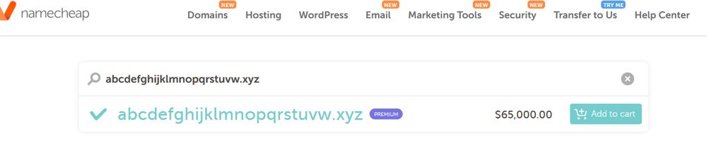 Screenshot of a domain listing on namecheap for the potential website domain abcdefghijklmnopqrstuvw.xyz listed at $65,000.