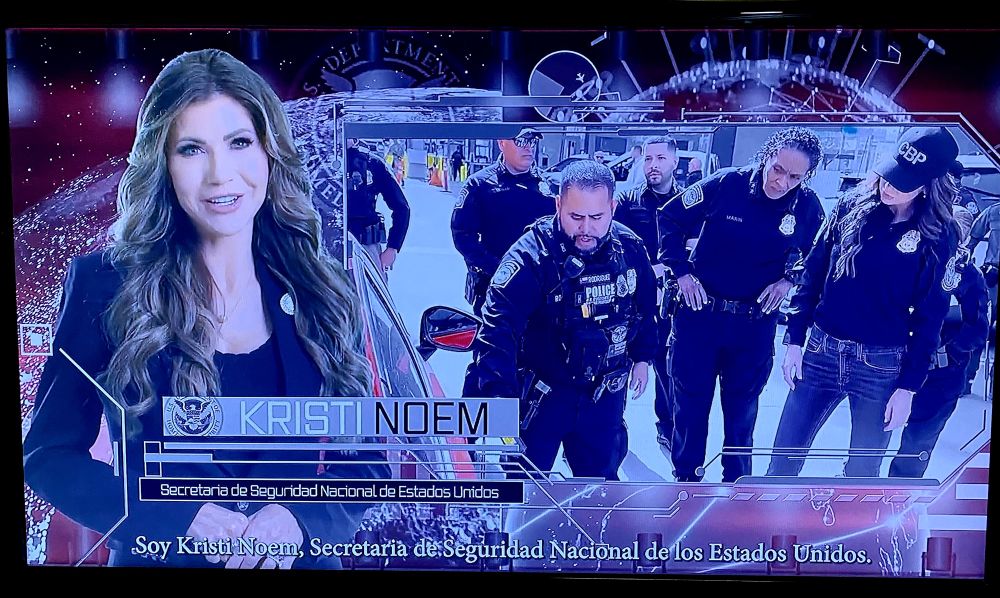 Screenshot of evil Kristi Noem ad spewing hatred for Latinos. Ran all weekend on Spectrum TV app in Texas. Disgusting.