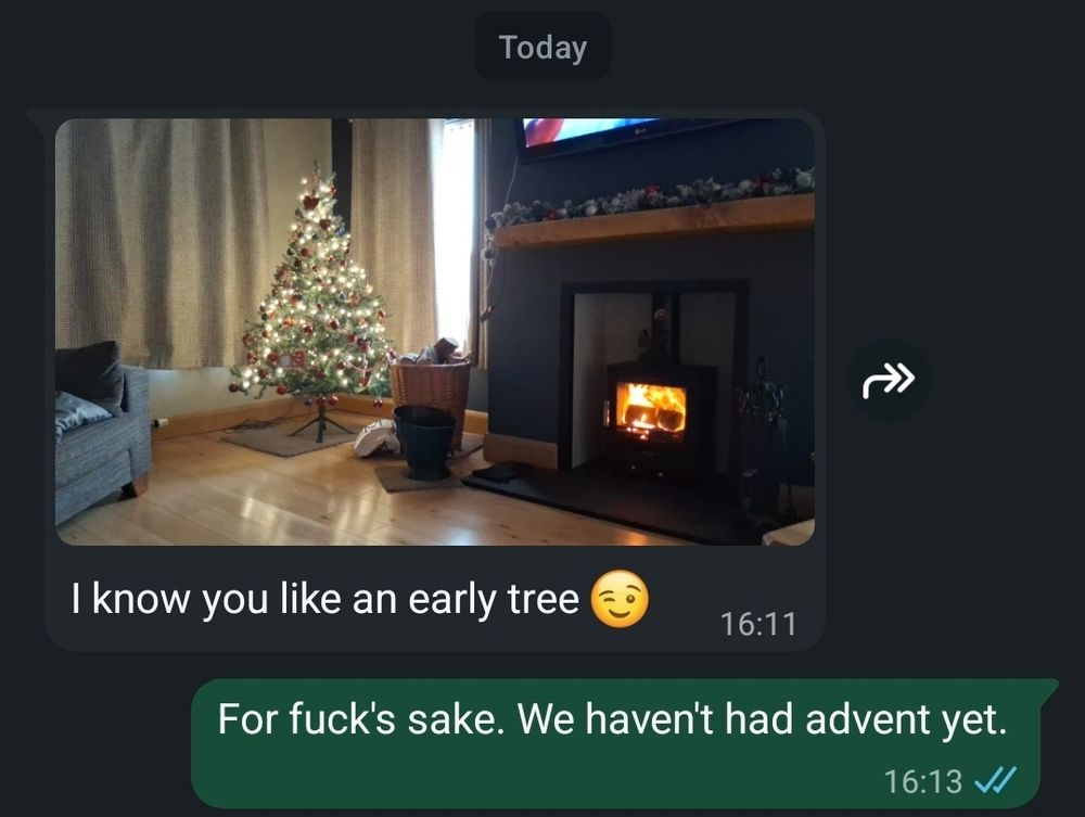 Screenshot of a text message exchange. The first message includes an image of a Christmas tree decorated with lights and ornaments, and a fireplace with a lit fire in the background. The text reads: "I know you like an early tree". The second message responds with: "For fuck's sake. We haven't had advent yet.