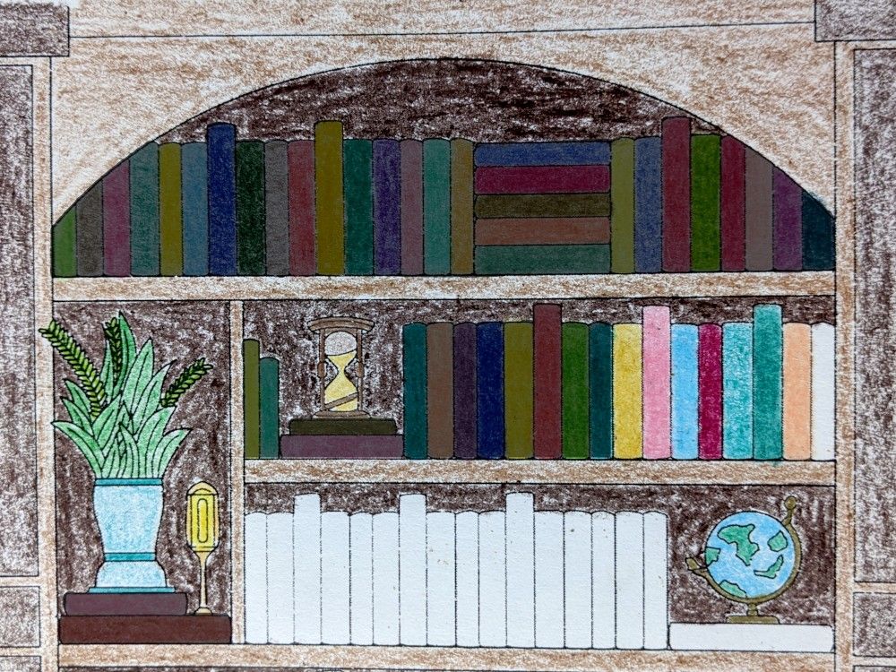 bookshelf coloring page. shelves are colored various browns. in addition to the books are an hourglass, a globe, some plants, a candle, and...what I'm assuming is some kind of lamp (or at least I colored it yellow).

the first 43 books (all but one on the second shelf) are colored and greyed out (because I read them in the previous weeks). total number of books colored (in random colors) is 50.