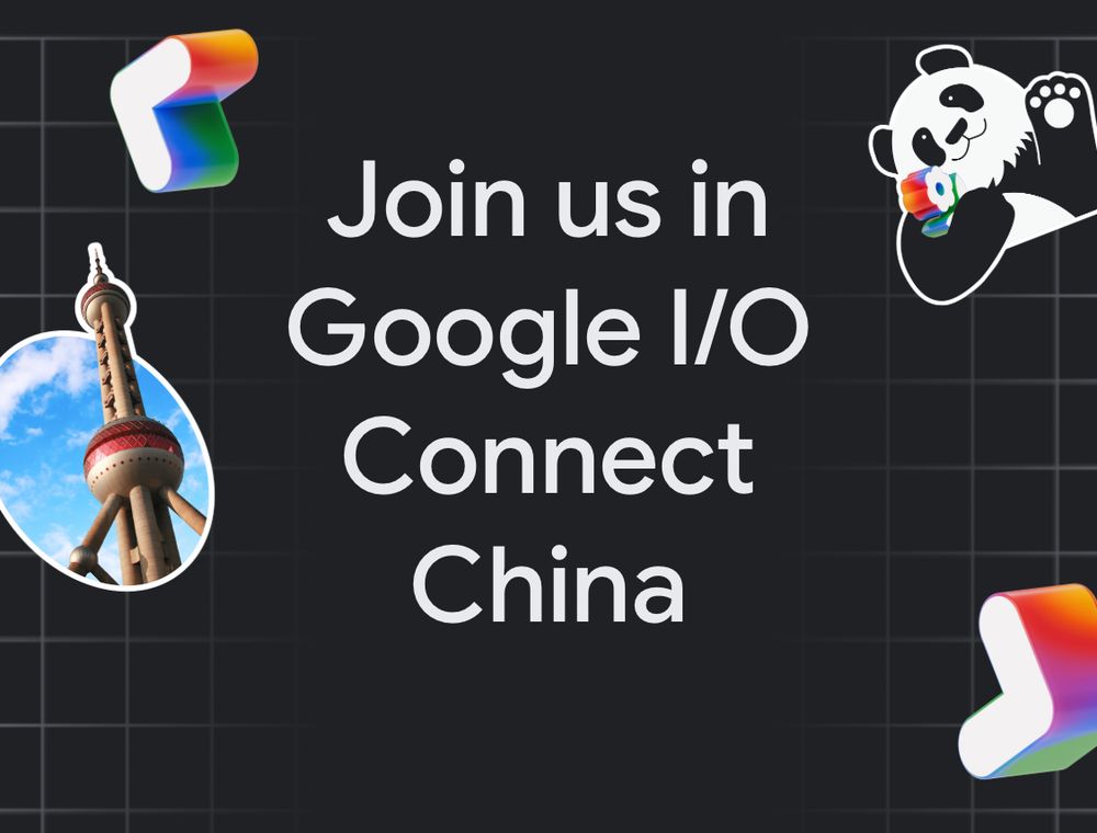 Join us in Google I/O Connect China white text on a black background with some imagery including a Panda and The Oriental Pearl Tower