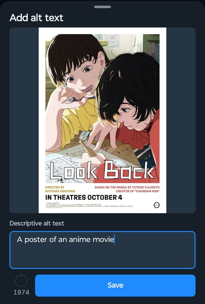 Screenshot of the 'Add alt text' screen, with a short description of an attached image.