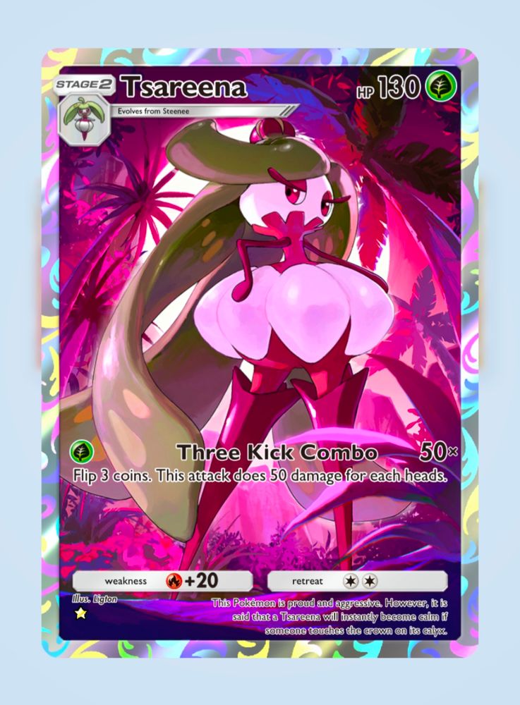 The image is a screenshot from the Pokemon Pocket card game app, featuring the card Tsareena. The pokemon appears to be an onion-person, wearing a corset-like top, with their onion bulb used to depict an enormous butt. Yep, it's a sexy onion.