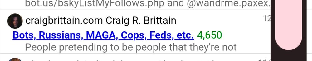 Screenshot of a block list I've been added to, which purportedly includes Bots, Russians, MAGA, Cops, Feds, etc. 