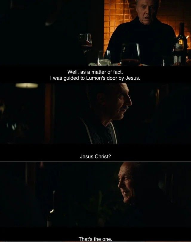 The image is a series of screen captures from the show Severance. Burt: "well, as a matter of fact, I was guided to Lumon's door by Jesus." Irving: "Jesus Christ?" Burt: "that's the one."