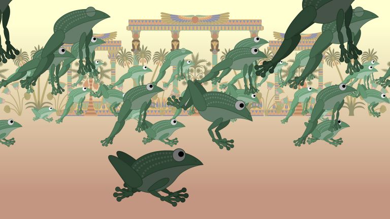 A plague of animated frogs hop past an ancient Egyptian background.