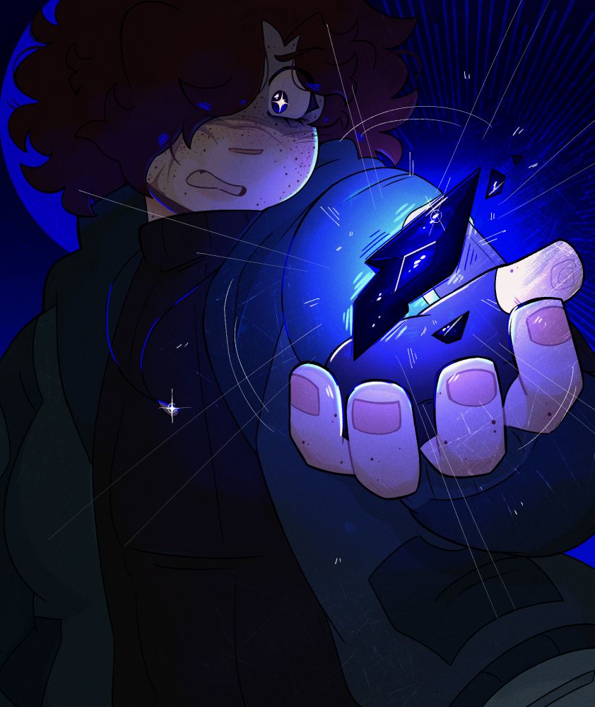 Art of Talia Vasiliev, a woman with short brown hair and teal clothes, holding a broken, glowing blue crystal. She looks angry and a bit scared.