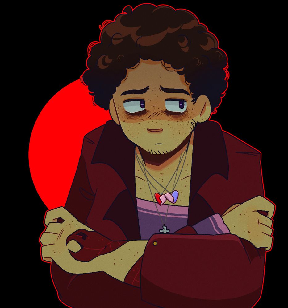 Another drawing of Avernus, on a black background with a bright red circle behind her. She looks distant and pained, and is clinging to Eden's coat around her. She's wearing both her own and Eden's friendship necklaces now, and the snake tattoo on her arm looks like it's crying. 