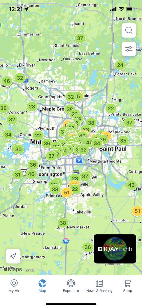 Air quality map screenshot of Minneapolis 
from the IQ Air map on 5/12/2025
