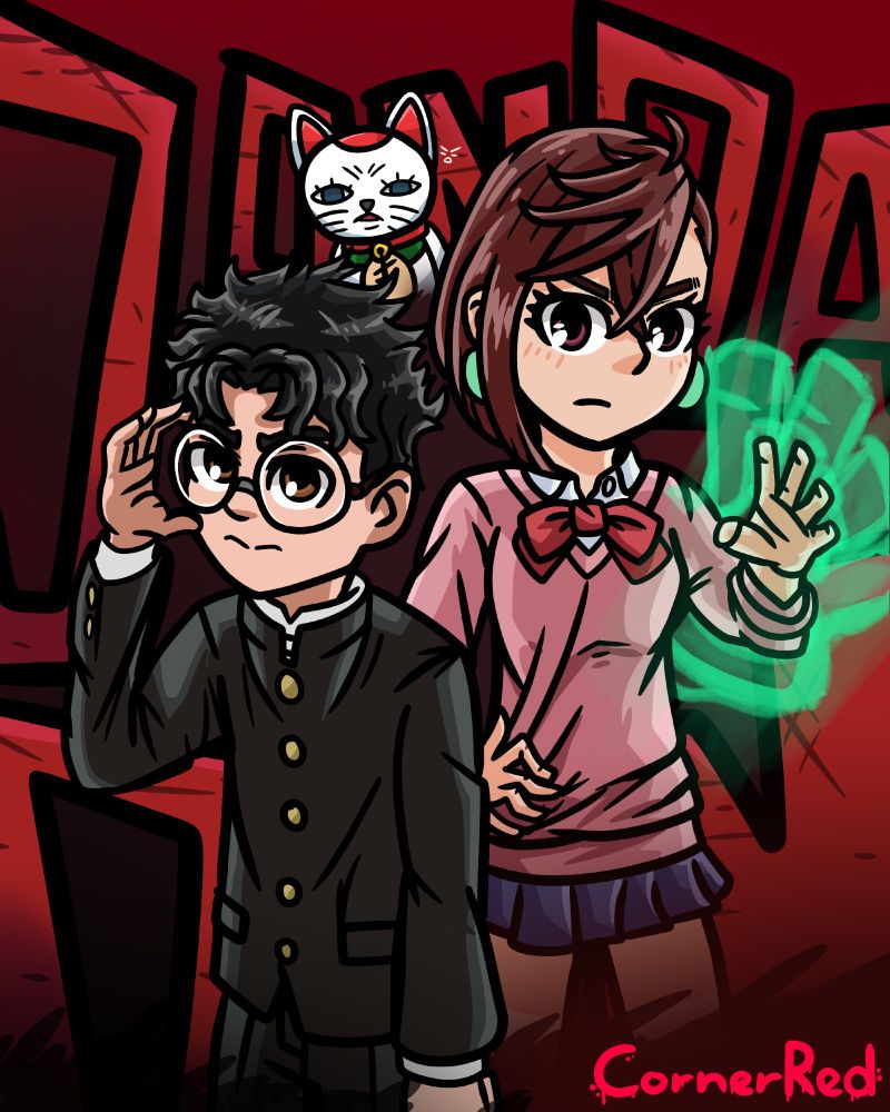 Momo Ayase and Okarun from Dan Da Dan with Turbo Granny in her Cat form, behind them