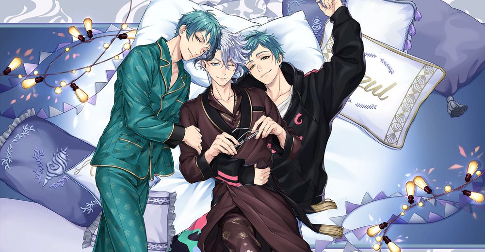 Jade and Floyd leech from twisted wonderland cuddling azul ashengrotto via edited loungewear birthday cards. 