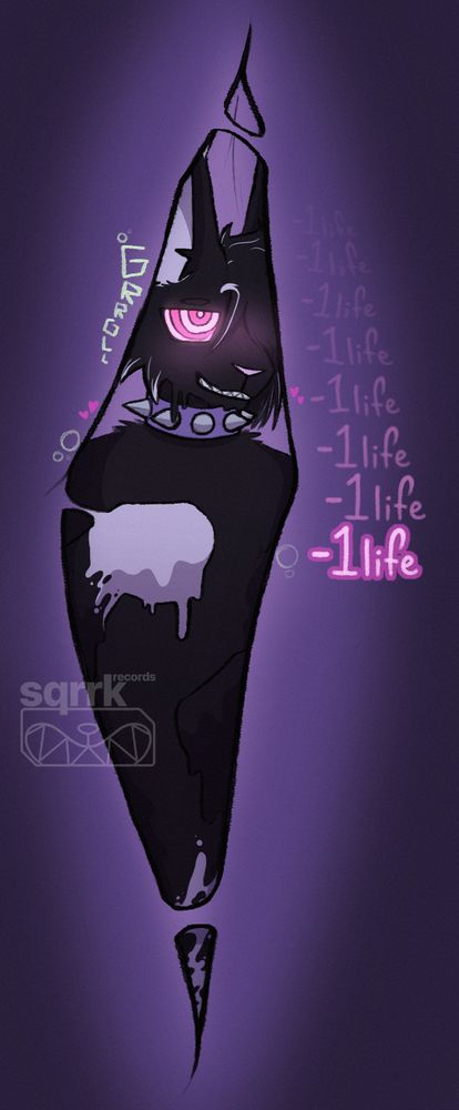 scourge, a black and white cat, melting as he slides through someone's stomach, hypnotised and in bliss as he melts. pink next to him simply reads "negative 1 life" over and over, 8 times to be exact. 