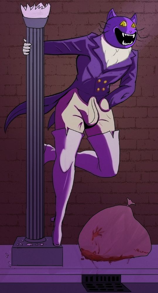 digital drawing of pocketcat from fear and hunger, he is dancing on a broken street light pole with a bloody burlap bag on the sidewalk next to him
