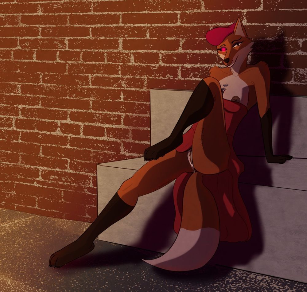 Digital drawing of a full body anthromorphic female fox, she is wearing a beret and red dress, she is lifting her leg to show her soaked pussy and hte top of the dress pulled down to show off her nipples.