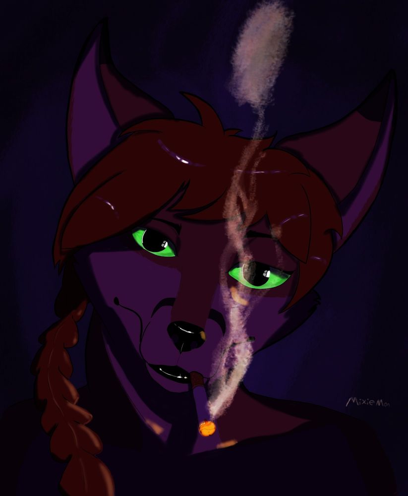 bust digital drawing of an anthromorphic fox smoking it is dimly lit with the cigarettes being the source of light