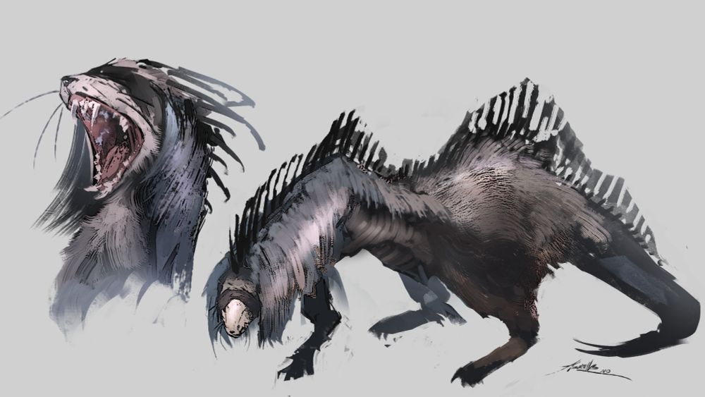 drawing of a monster design inspired by ferrets. to the left is a closeup of the head opening it's mouth. to the left is a drawing of its whole body