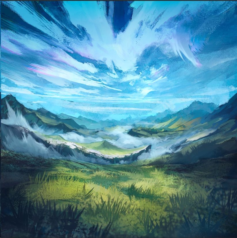 Digital landscape painting depicting a grassy mountainrange and a cloud-filled blue sky