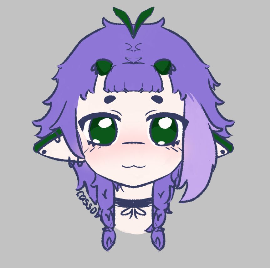 doodle of cassodile, a crocodile guy with short purple hair and purple braids, they also have green crocodile nubs on their forehead and green ears
